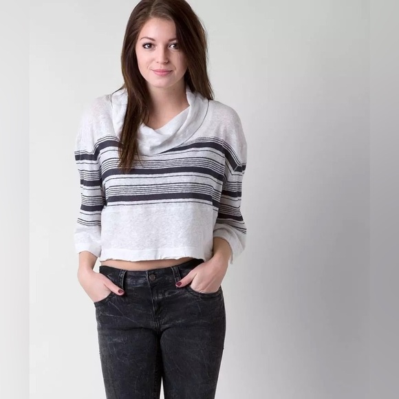 We the Free People Women’s Sz Large Sea Side Cowl Neck Linen Striped Top Shirt - Picture 1 of 8
